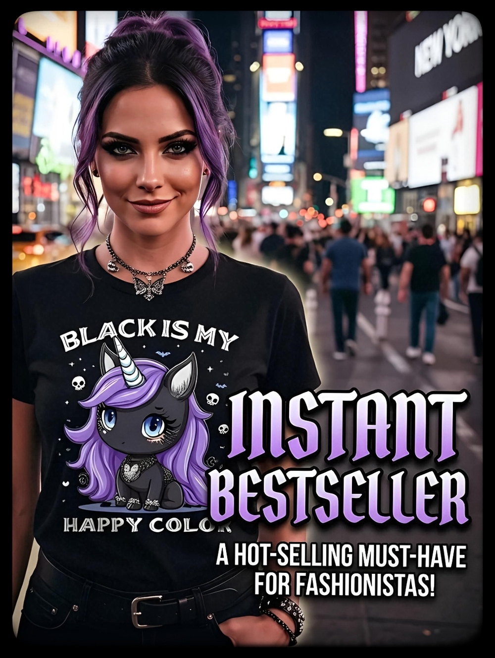 🆕KAWAII GOTHIC UNICORN FANTASY T-SHIRT "BLACK IS MY HAPPY COLOR" WOMEN'S XL